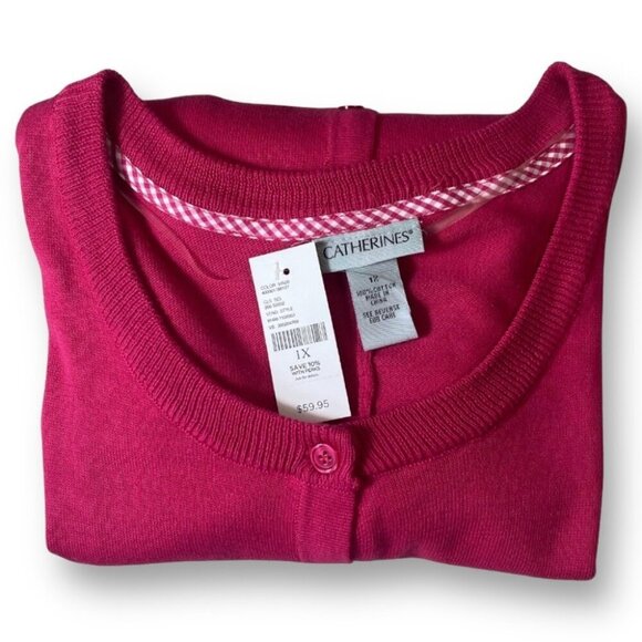 Catherine's Cardigan Womens Sz 1X Pink Button-Front Roll-Tab Crew Neck Sweater - Picture 2 of 10